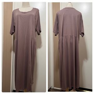 LOGO Lori Goldstein Women XLP Mocha Brown Seamed Midi Dress Pockets Short Sleeve